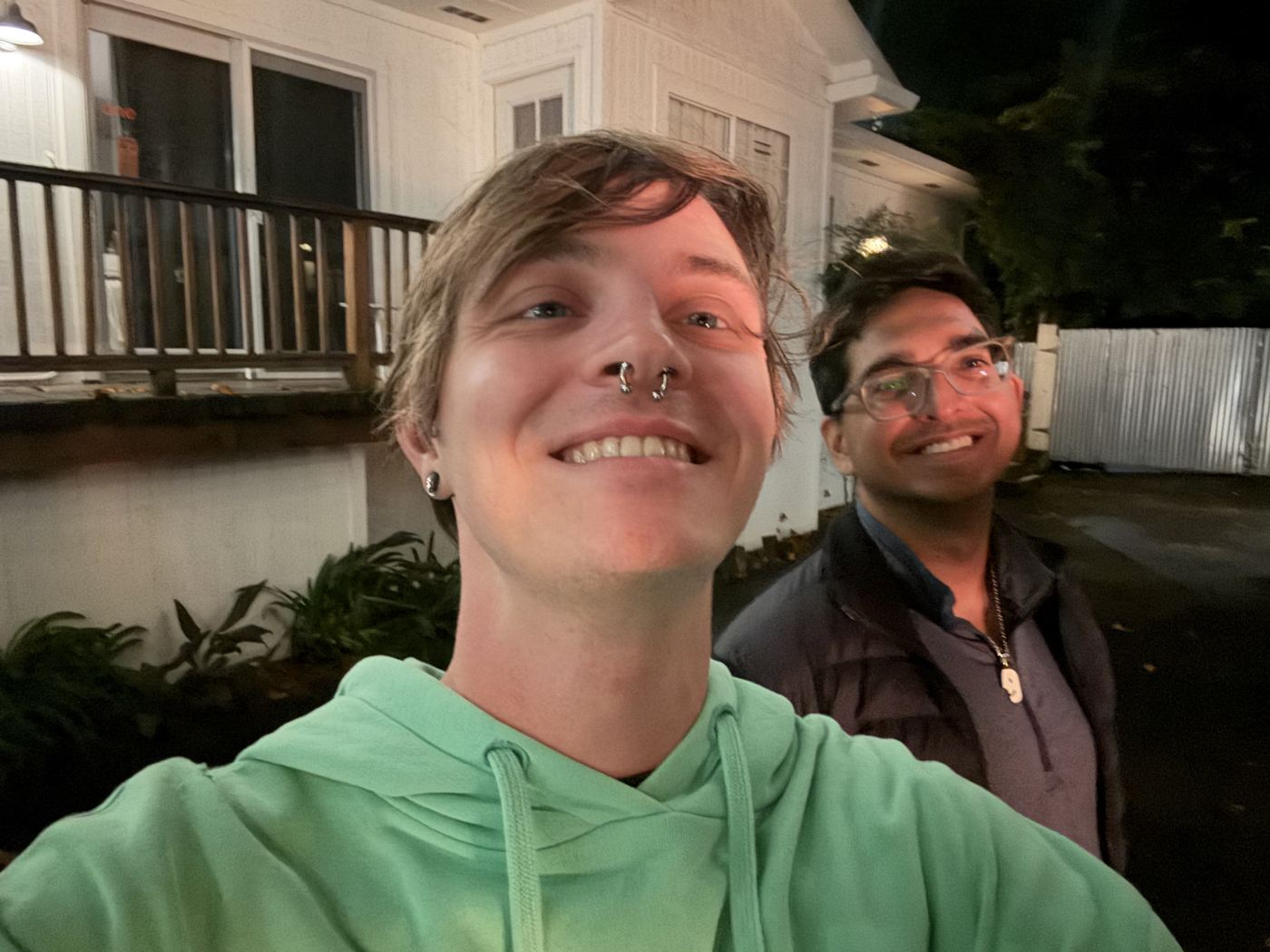 Night selfie under a porch light